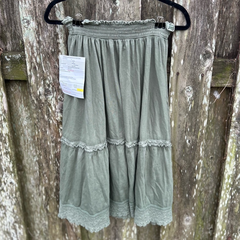 American Eagle NWT Olive Lace Hem Midi Skirt Small Factory Sample Boho Festival